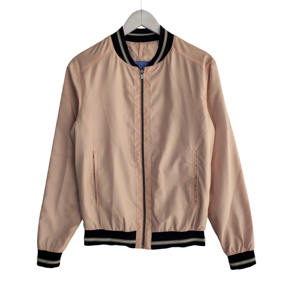 Zara Man Blush Pink Bomber Jacket Mens Small Full Zip Varsity Ribbed Trim Light